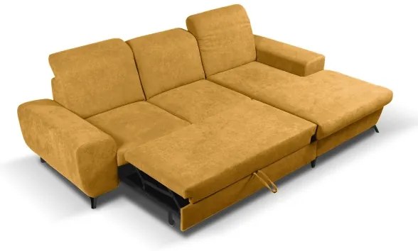 ALTA jobb oldali, kihúzható, kárpitozott L alakú sarokülőgarnitúra tárolórekesszel, sárga