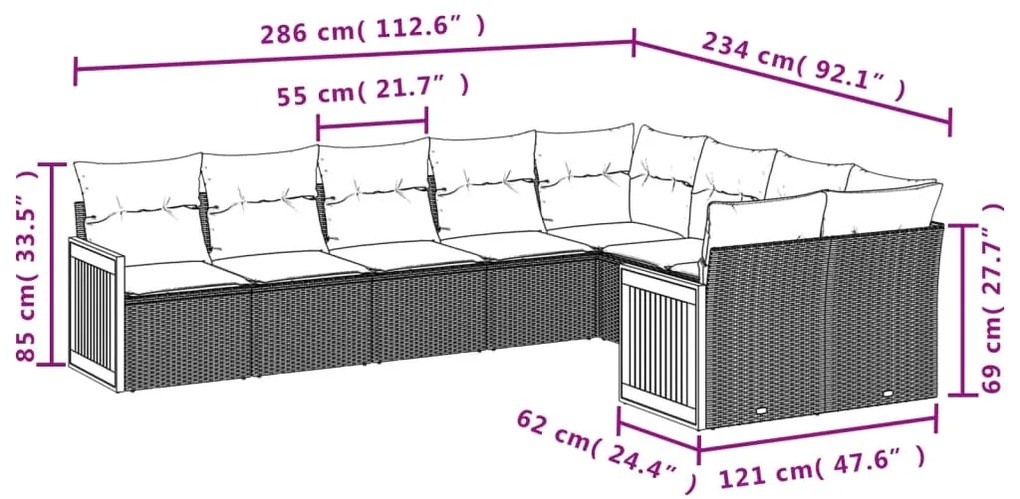 9-részes szürke polyrattan kerti ülőgarnitúra párnákkal