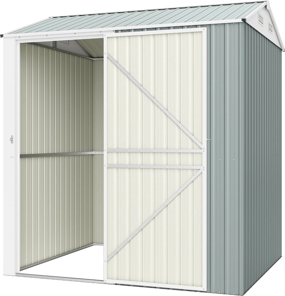 Outsunny fém szerszámos fészer 3,5 m² – magas, zárható kerti tároló kontyolt tetővel, szellőzőkkel és kesztyűvel, 209 × 177 × 236 cm, világosszürke |