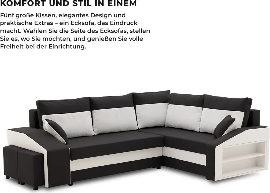 Grande sarokkanapé polcokkal és puffokkal , polc a jobb karfaban puffok a bal karfaban, jobboldali, szövet anyag, hab töltet, fekete - fehér