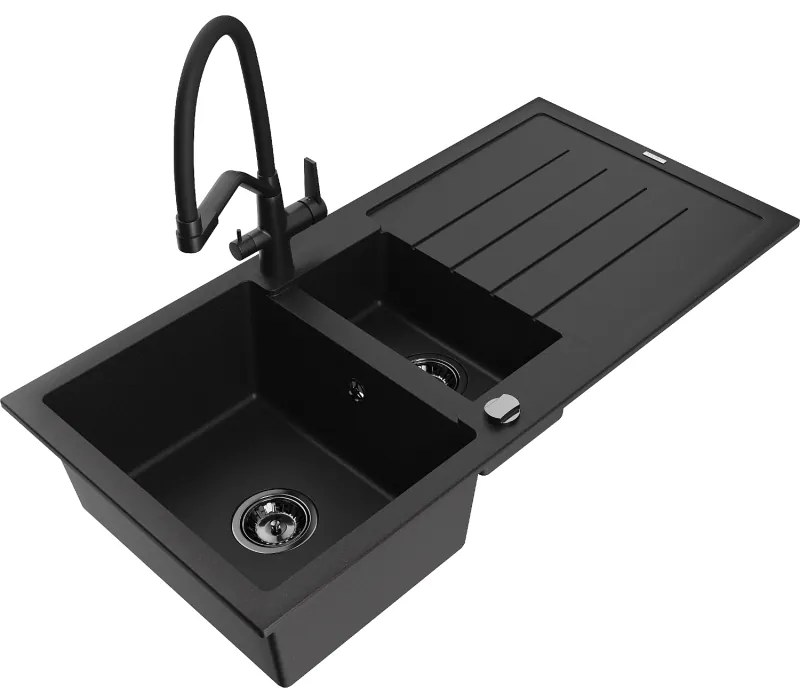 Mexen Andres gránit mosogató 1,5-medencés csöpögtetővel és Duo konyhai csapteleppel, fekete - 6515-77-671701-70-B
