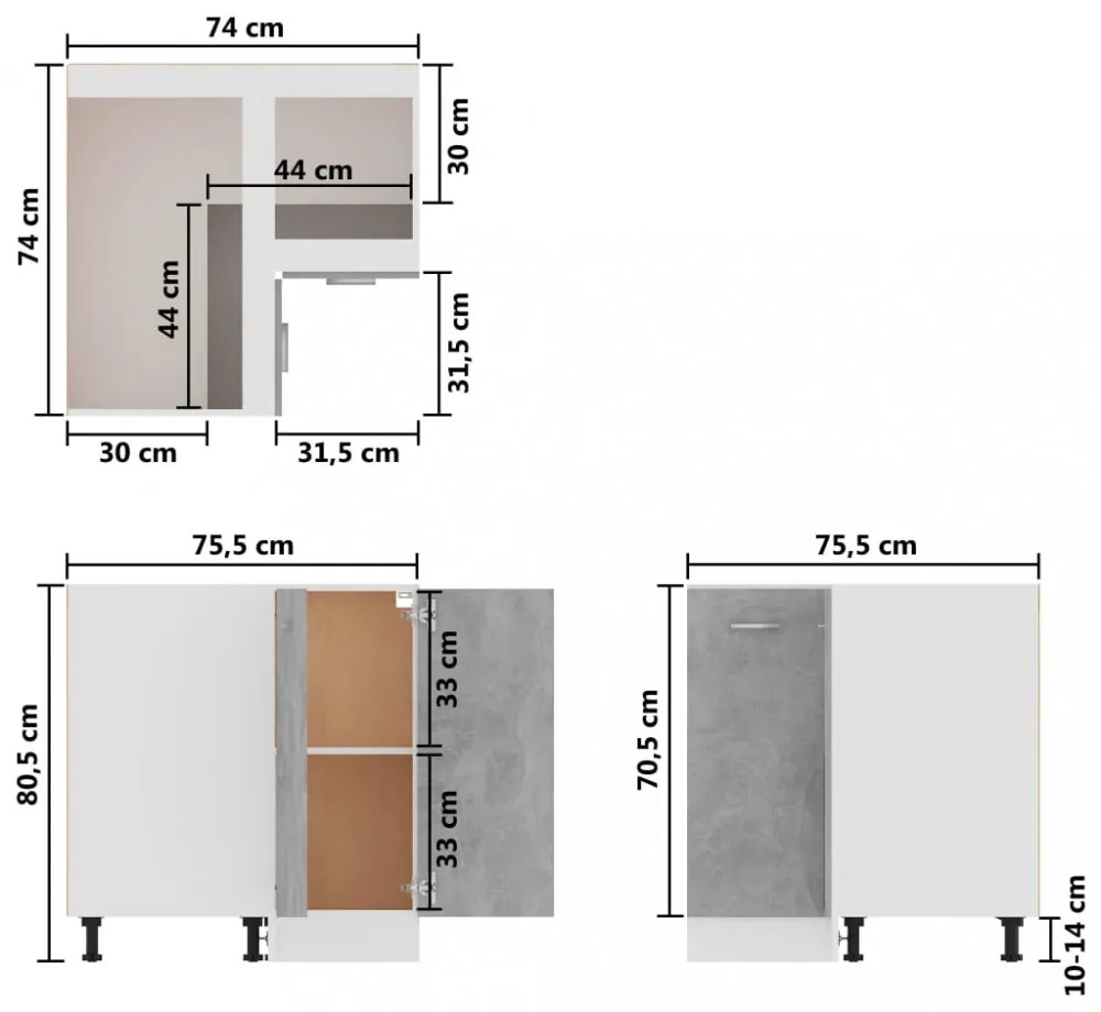 betonszürke szerelt fa alsó sarokszekrény 75,5 x 75,5 x 81,5 cm