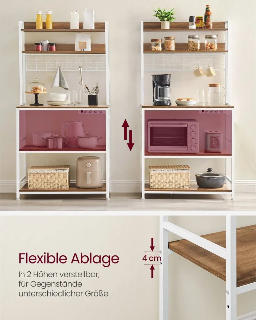 Konyhai állvány polcokkal, 14 akasztóval, rusztikus barna, fehér és 80x40x170cm