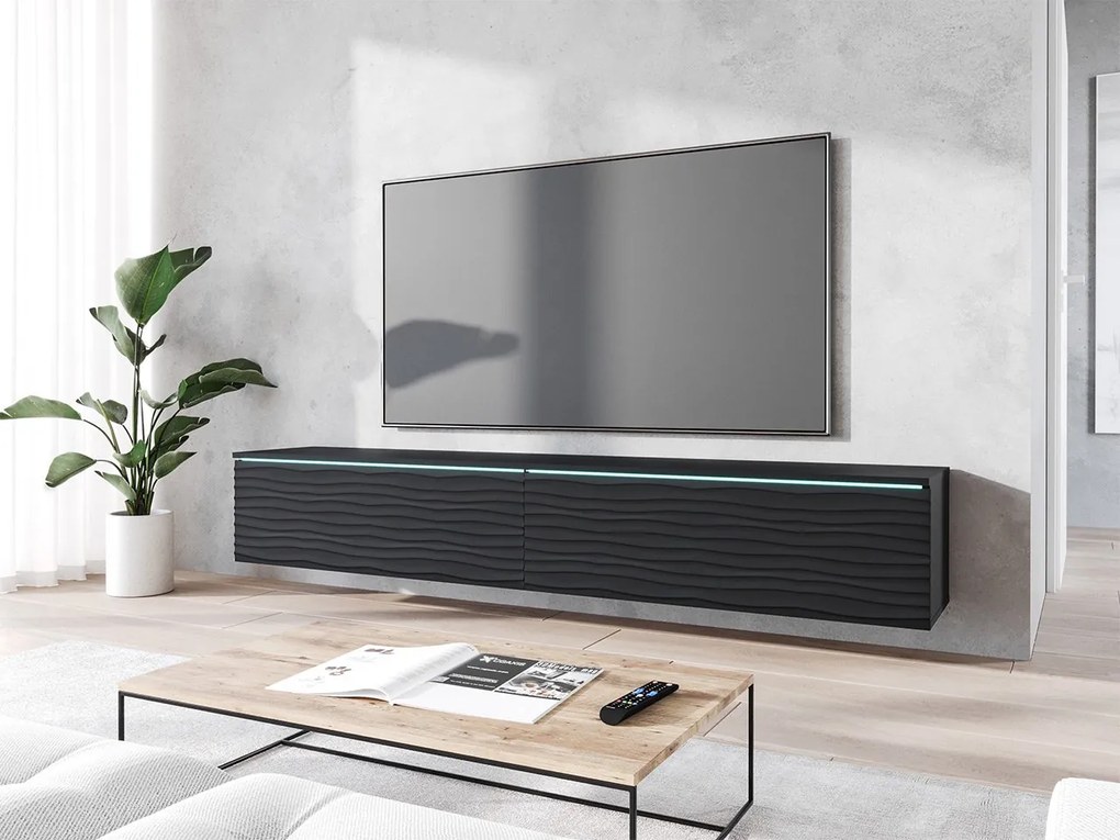 TV szekrény Dlana 180 MDF (fekete + fekete gyapjú) (fehér LED világítás). 1106211
