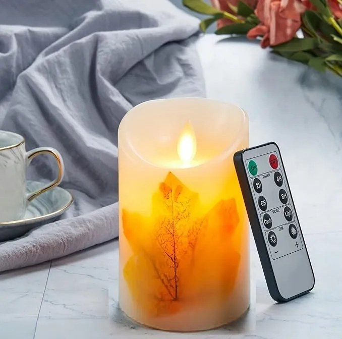 Led gyertya lángmentes dekoratív juharlevél 12,5cm 2xAA távirányító