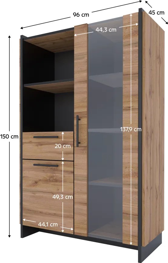 Alacsony vitrin, wotan tölgy/fekete, AMONI 1D1W1S