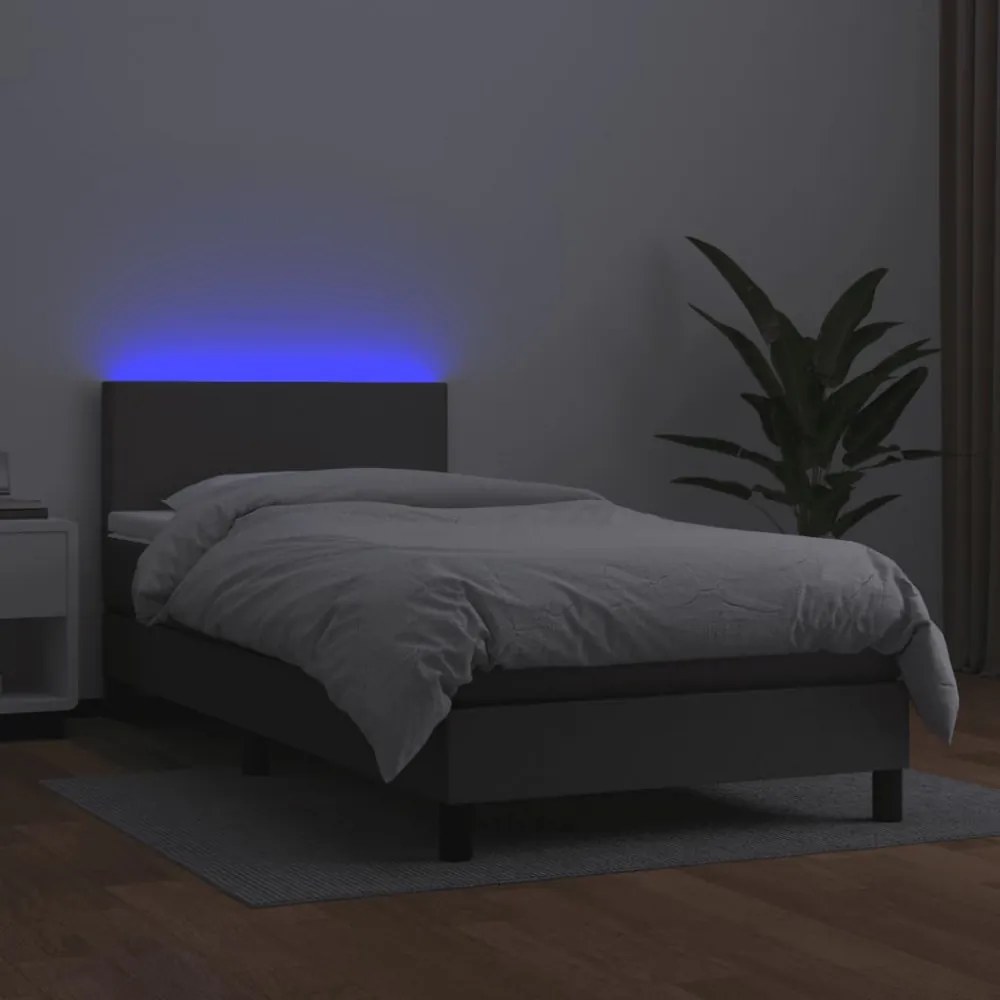 szürke műbőr rugós ágy matraccal és LED-del 80 x 200 cm