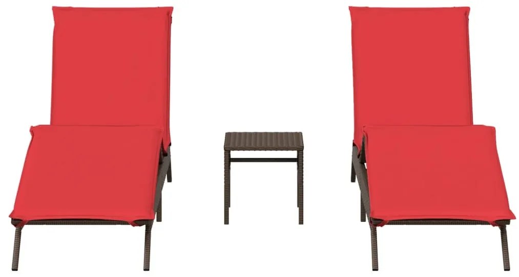 2 db barna polyrattan napozóágy asztallal