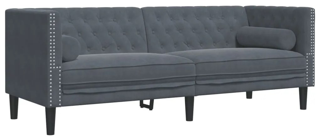 3 részes sötétszürke bársony Chesterfield kanapészett párnákkal