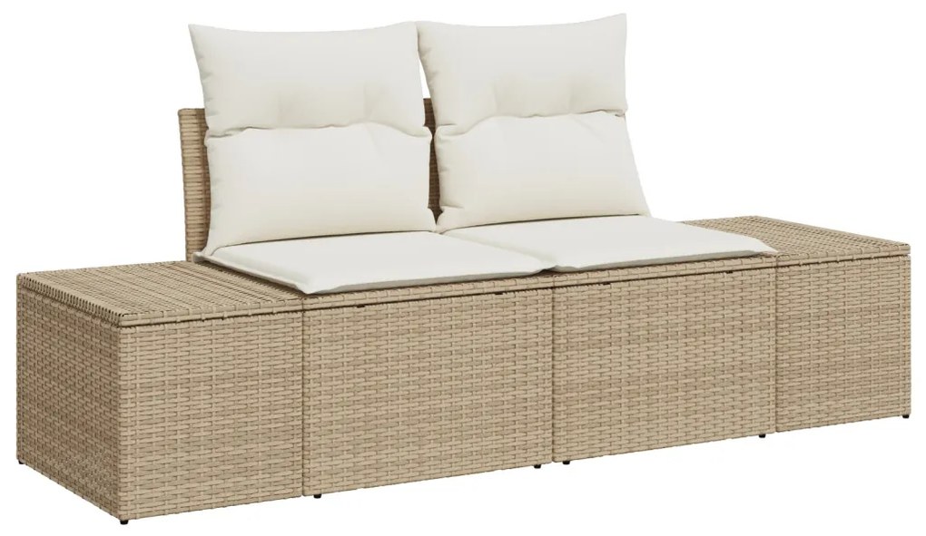 14 Darabos Kerti Sofa Szett Párnákkal Bézs Poli Rattan Akácia, 2-Fős Kerti Sofa Párnákkal Bézs Poli Rattan, 4 Darabos Kerti Étkező Szett Párnákkal Bézs Poli Rattan Akácia