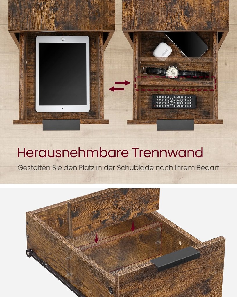 Oldalasztal, éjjeliszekrény beépített elosztóval barna és fekete színben