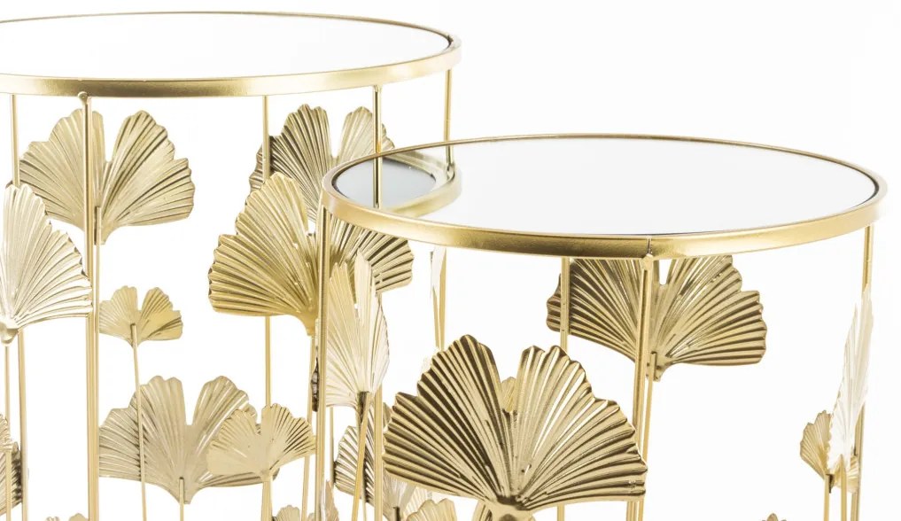 Gatsby design kerek fém 2db-os konzolasztal szett ginkgo biloba levelekkel üveg lappal 55x38x38-50x33x33cm
