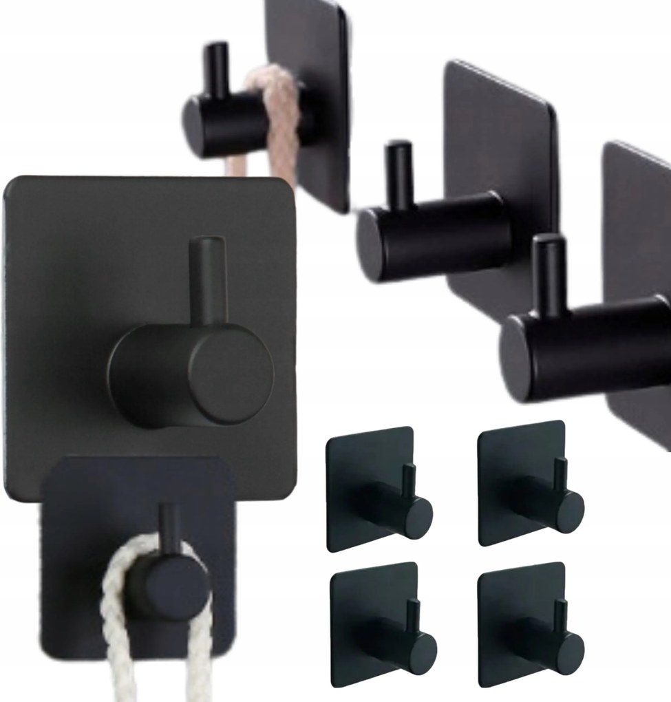 Fekete Fürdőszobai Törölközőtartó Öntapadós Univerzális 4DB-OS Szett