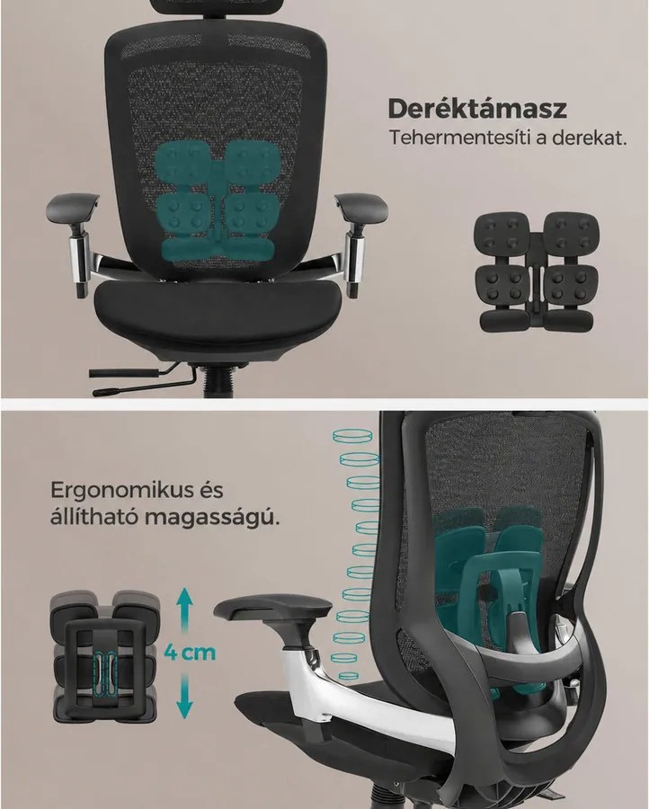 SONGMICS Ergonomikus szék, állítható, dönthető irodai szék, fekete