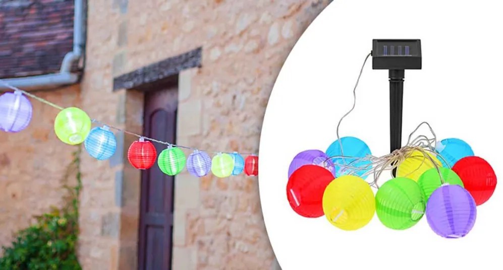10 db-os, színes, szolár lampionfüzér