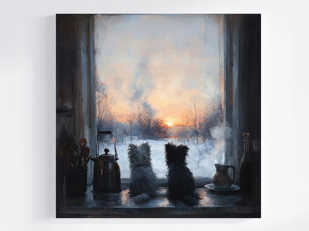 Vászonkép Canvas Ablak Kilátás Tél Kutya Terrier Napfelkelte 40x40