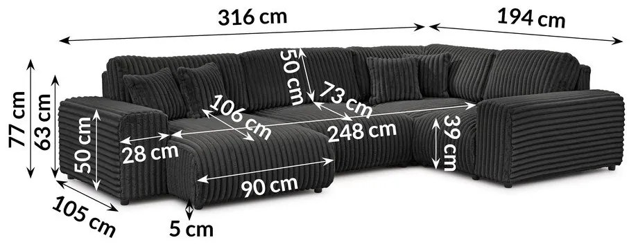 Sötétszürke kordbársony sarokkanapé (jobb oldali-U alakú) Justin – Ropez
