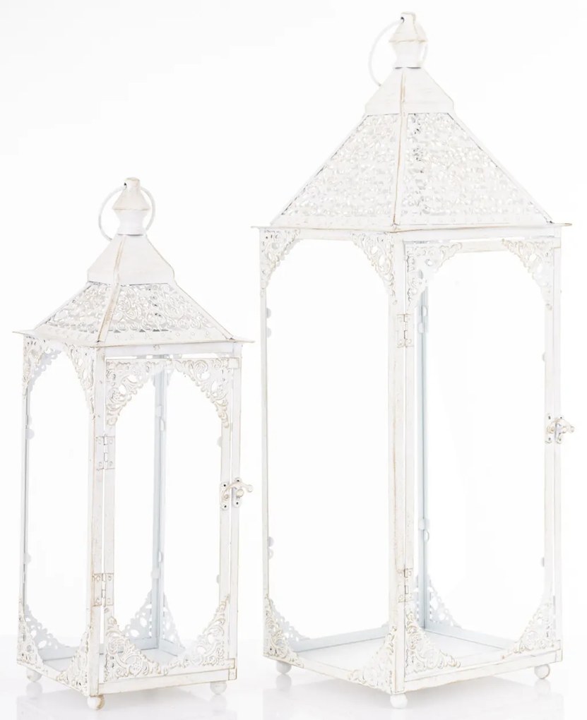 Vintage fehér szögletes 2db-os fém lámpás lantern szett fogantyúval 48x17x17 / 64x22x22cm