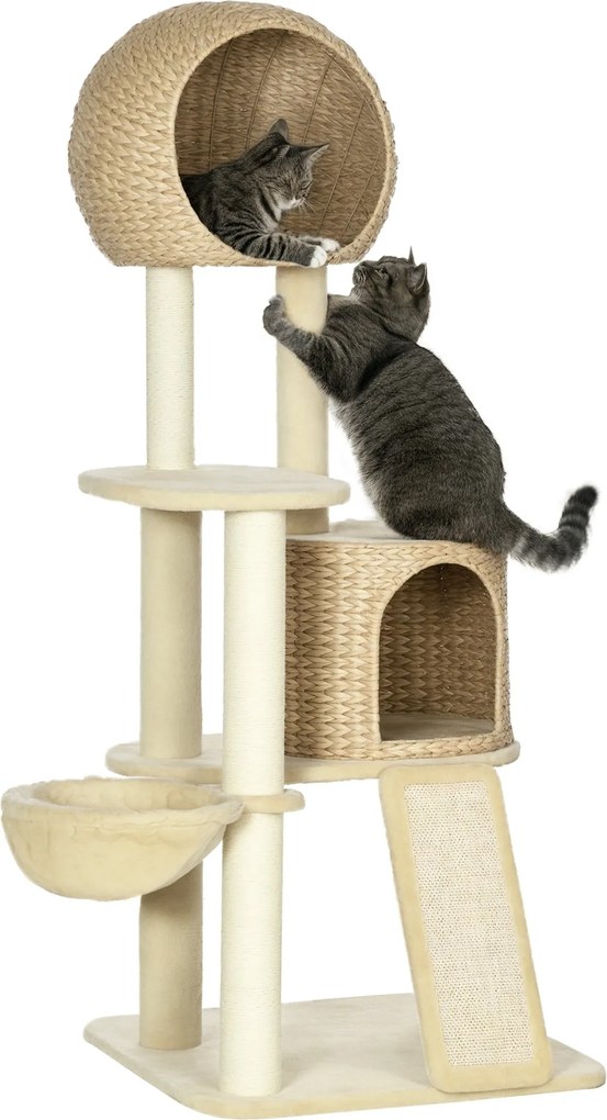 PawHut Macskafa, 150 cm, Macska Torony Macskaházzal, Mászófa Hintaággyal, Zsineg Karmolópókkal és Lejtővel, Karmolófa Alátét, Játékfa, Billenésvédővel