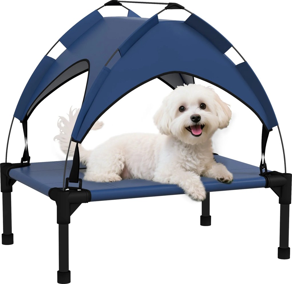 PawHut Felnőtt Kutya Ágy Napernyővel, Kültéri Kutya Pihenőhely, Lélegző, Kicsi és Mini Kutyák számára Sötét Kék Oxford 61 x 46 x 63 cm | Aosom