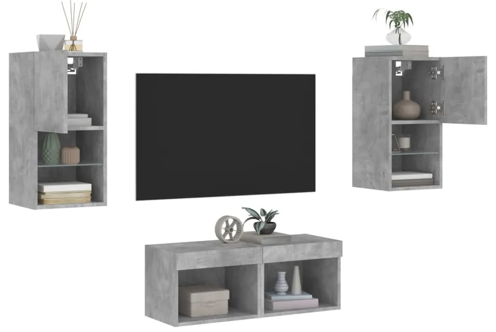 4 darab betonszürke falra szerelhető TV-szekrény LED-del