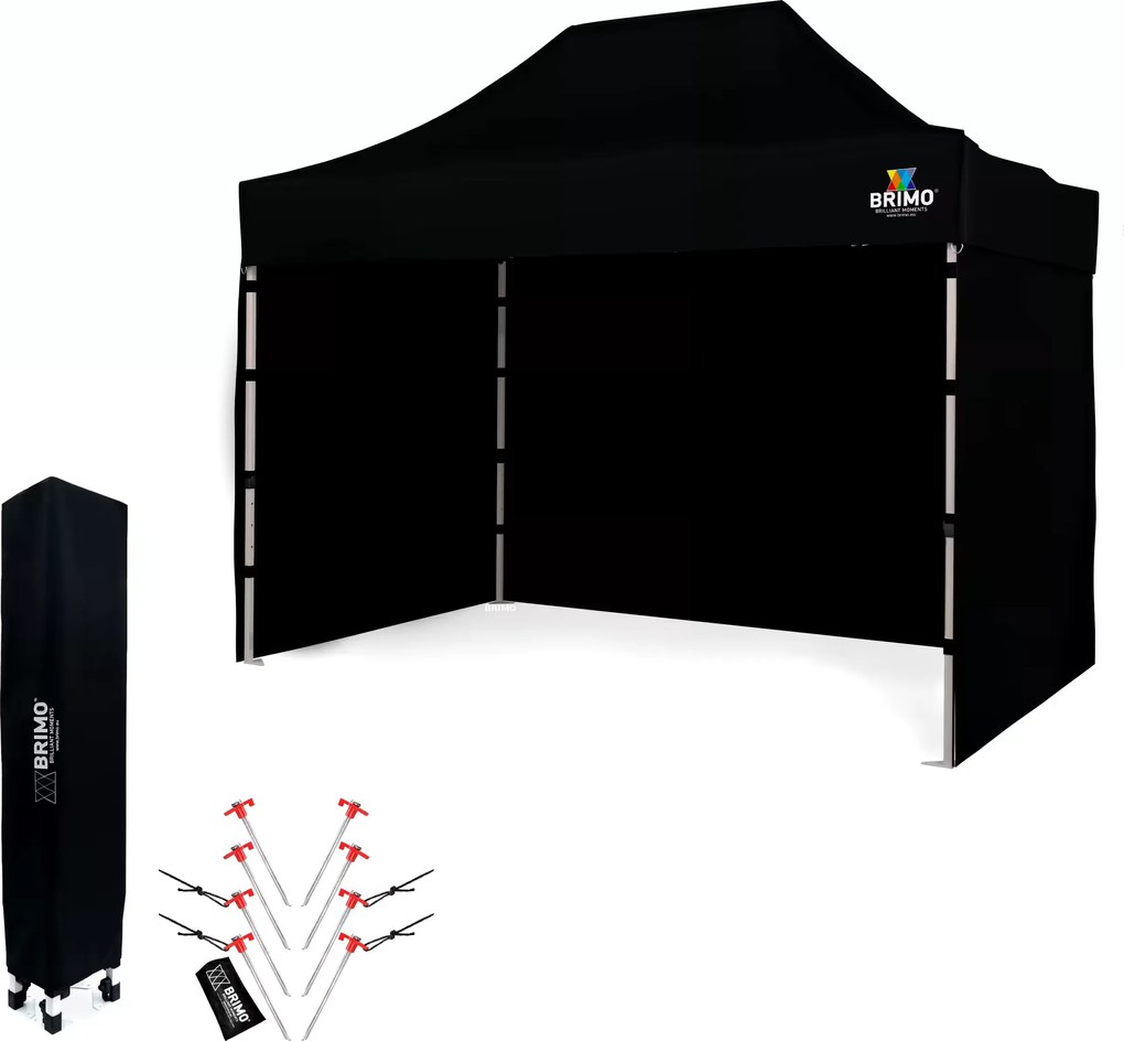 Árusító sátor 2x3 m SZUPER Acél | Felállítás 2 perc alatt | BRIMO - plusz 3 oldalfal - Fekete