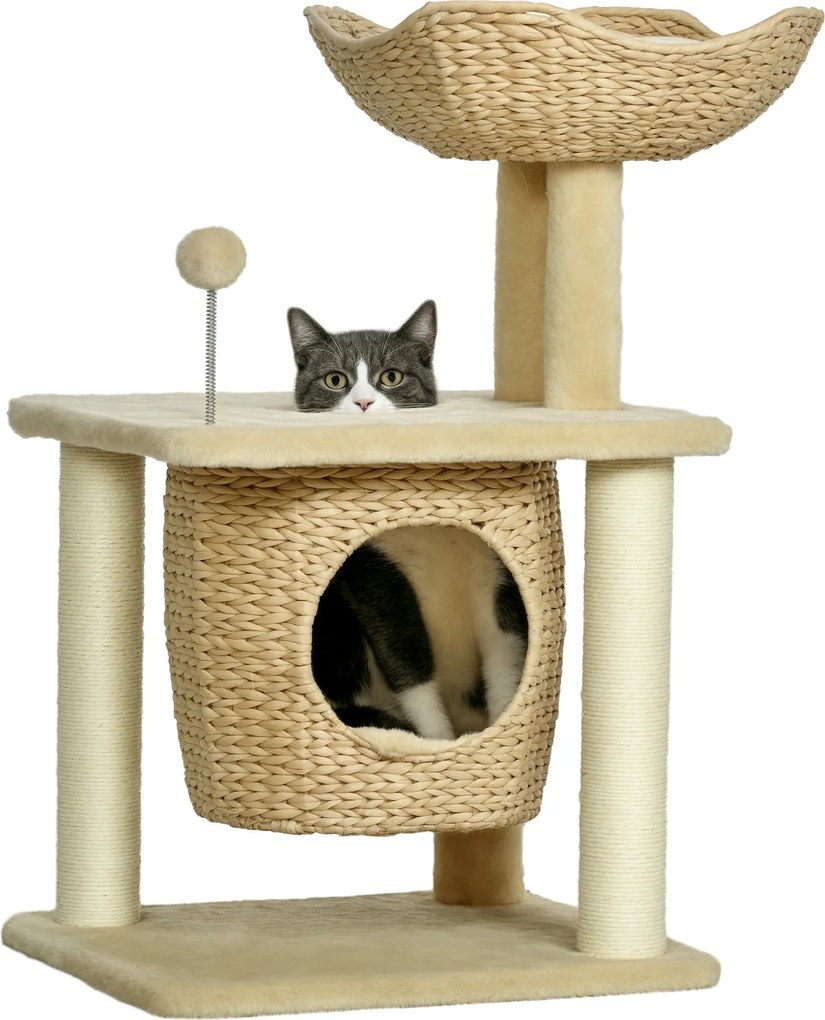 PawHut Kicsi Macska Kaparófa, 74 cm-es Macskafa Macska Üreggel, Játék Labdával, Benti Mászótorony Ággyal, Kaparó Bútor Macskáknak 5 kg-ig, Bézs | Aoso