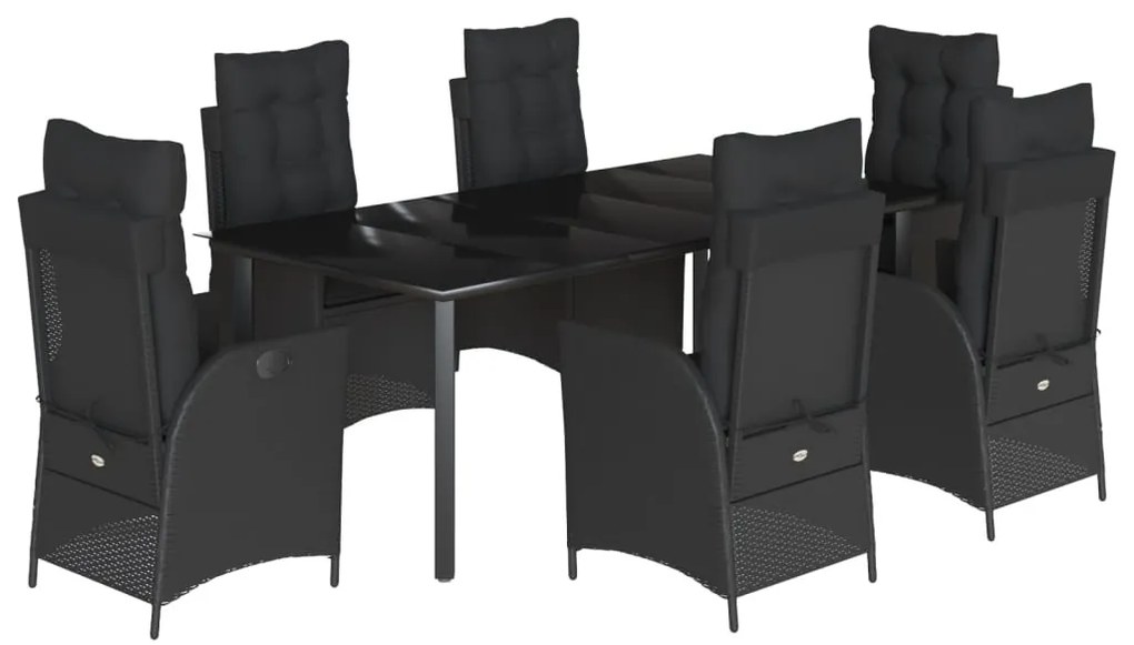 7 részes fekete polyrattan kerti étkezőgarnitúra párnával