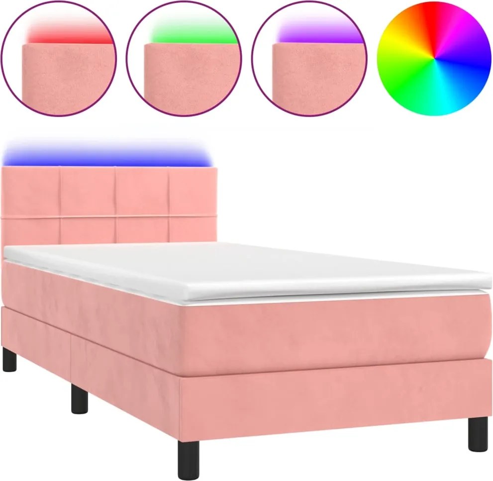 vidaXL rózsaszín bársony rugós és LED-es ágy matraccal 90x200 cm