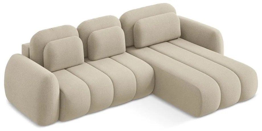 Világosbarna buklé kinyitható-tárolóhelyes sarokkanapé (jobb oldali-heverő résszel) Pele – Makamii