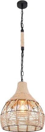 Globo 15671H Függeszték matt fekete fém váz, barna kenderkötéllel körbefonva. Ø:300, H:1350, fényforrás nélkül 1xE27 60W 230V