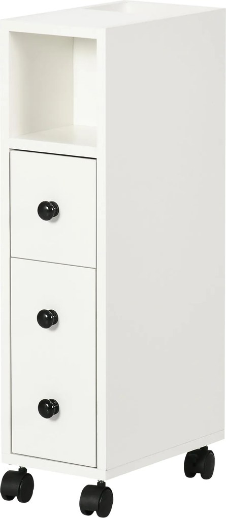 kleankin Fürdőszobaszekrény Kerekekkel, Segéd Fürdőszobaszekrény, Nyitott Polcos Ajtóval és Fiókkal, Kis Helyigényű 18x30x68.5 cm Fehér | Aosom