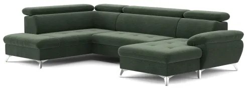 Zöld CATANIA balos U-alakú sarokkanapé tárolóval, ággyá nyitható