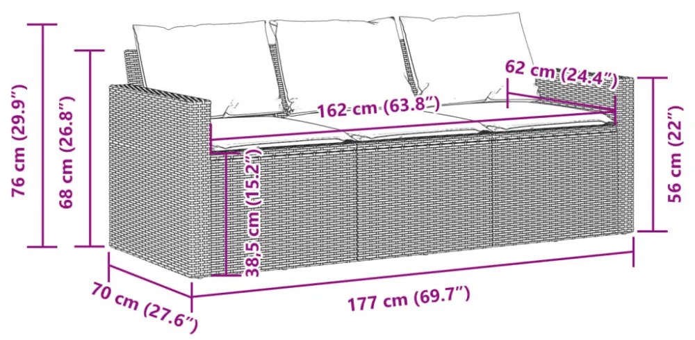 vidaXL 3 személyes szürke polyrattan kerti kanapé párnával