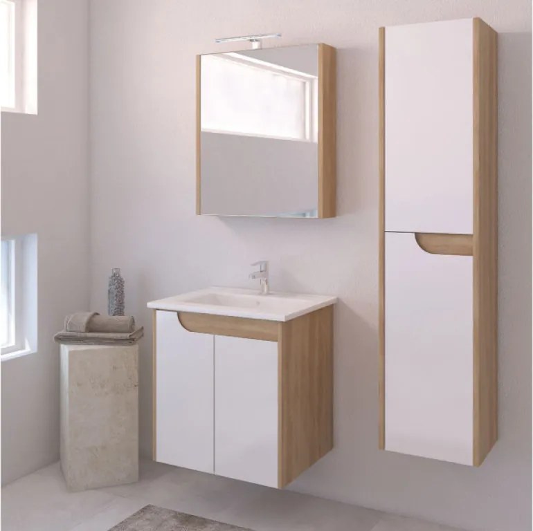 Piramida AKVA Tükrös fürdőszobai szekrény - LED világítással - FEHÉR-TÖLGY - 60 x 69 x 15 cm