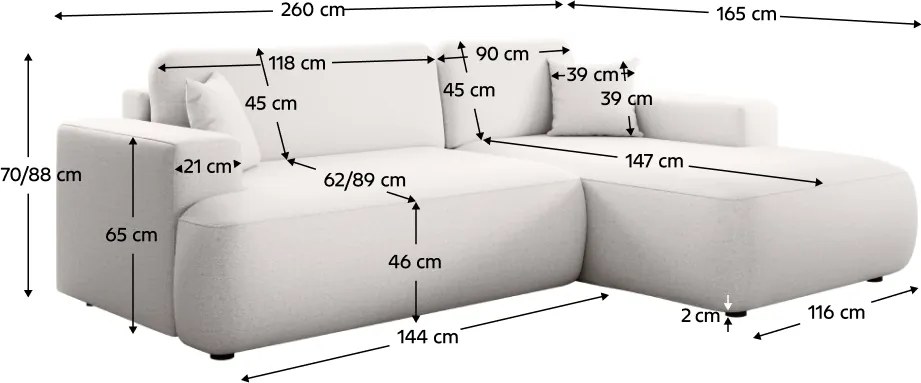 Ülőgarnitúra, fehér, jobbos, GARY ROH