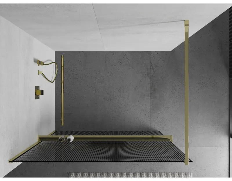 Mexen Kioto, zuhanyparaván polccal és törölközőtartóval 140 x 200 cm, 8 mm-es üveg bordás mintával, arany profil, 800-140-121-50-09