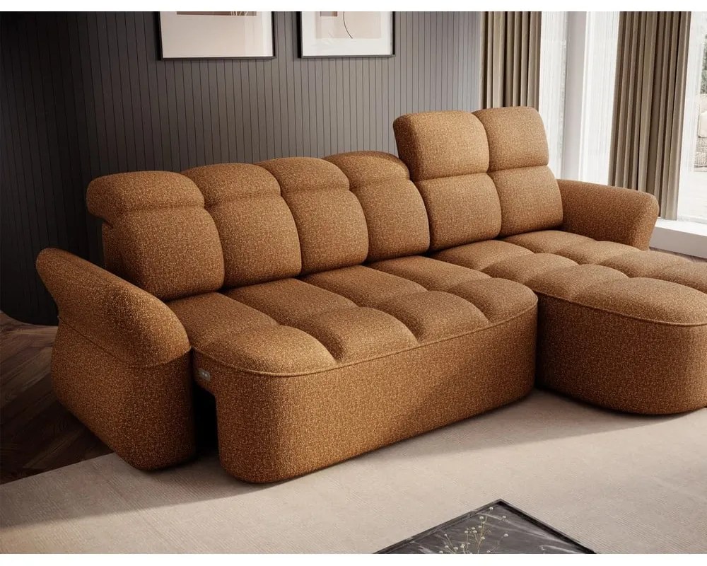 Sárga-barna bársony kinyitható-tárolóhelyes sarokkanapé (jobb oldali-heverő résszel) Beneth – ELTAP