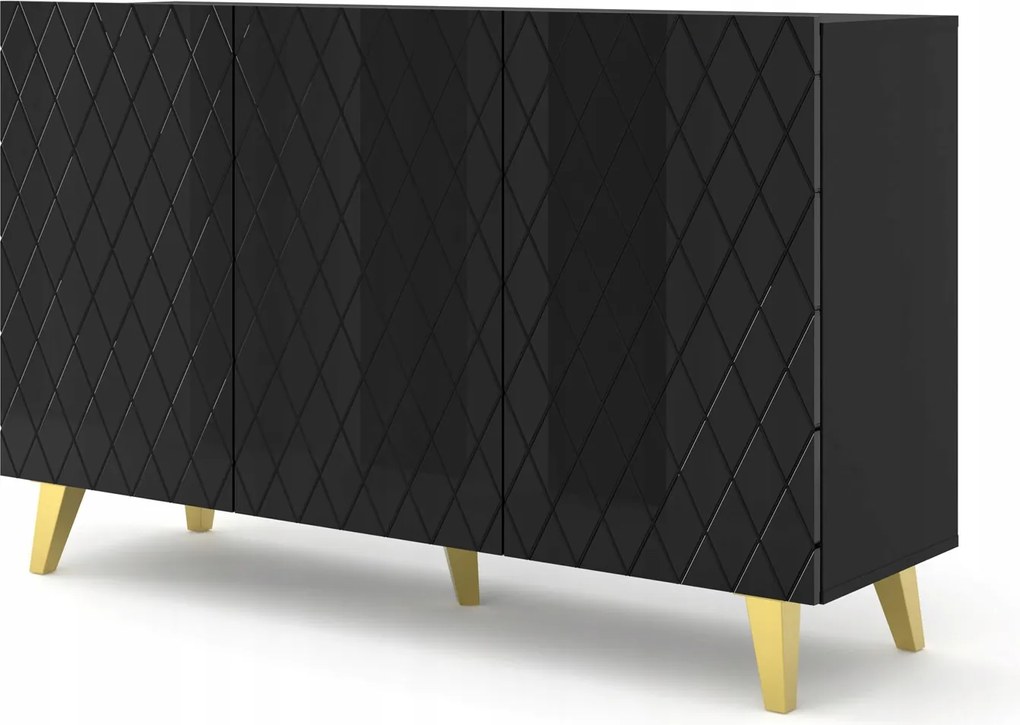 Diuna komód 145 cm 3D fekete fényes maró gyémánt lábak arany