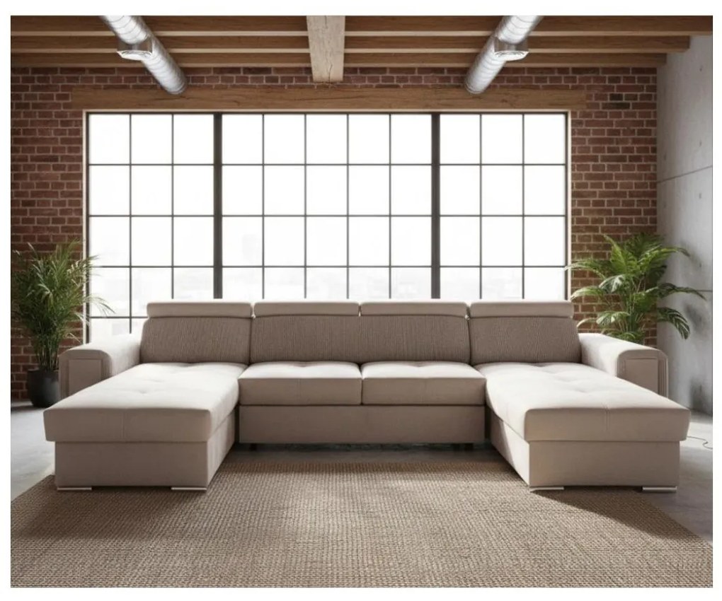 Ággyá nyitható ülőgarnitúra univerzális U-formájú sarokrésszel és tárolóval SALVADA bézs