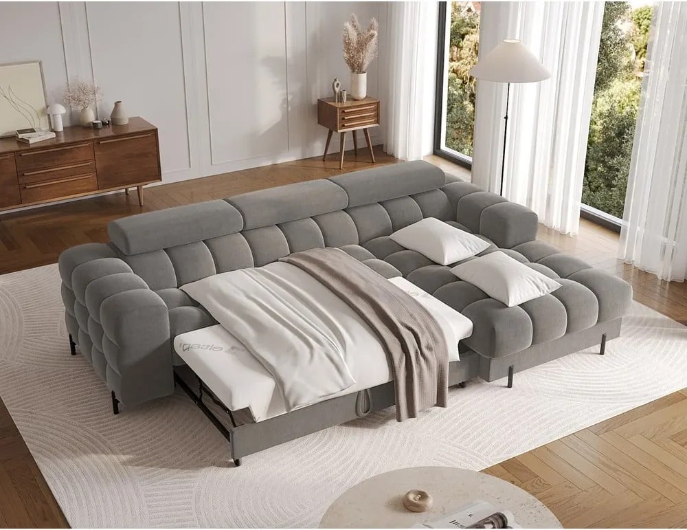 Szürkésbarna bársony kinyitható-tárolóhelyes sarokkanapé (jobb oldali-heverő résszel) Felro – ELTAP