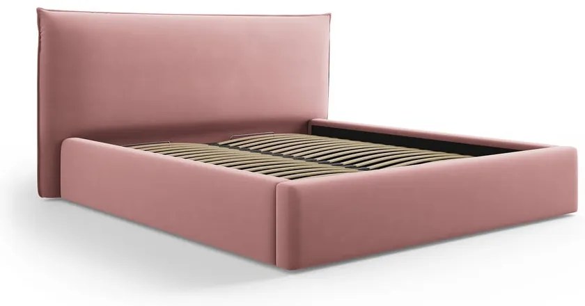 Rózsaszín kárpitozott ágyneműtartós franciaágy ágyráccsal 180x200 cm Elio – Milo Casa