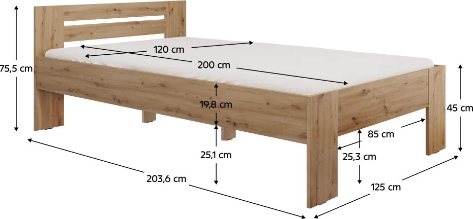 Ágy, 120x200, artisan tölgy, BASIS
