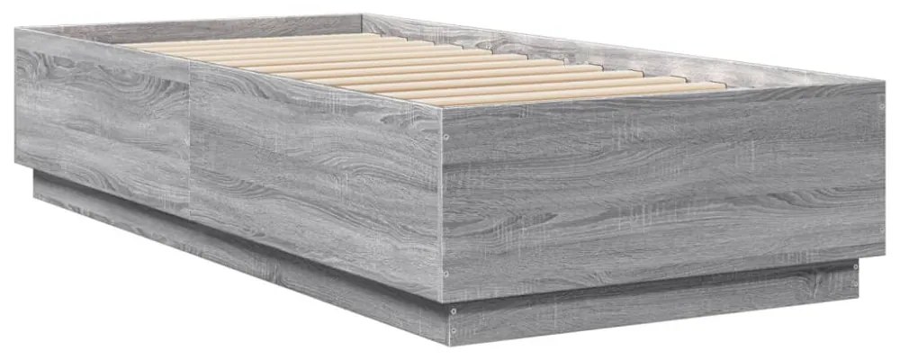 szürke sonoma színű szerelt fa ágykeret LED-del 90 x 200 cm