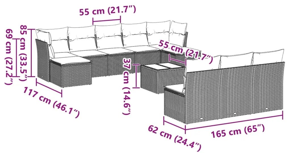 11 részes világosszürke polyrattan kerti ülőgarnitúra párnákkal