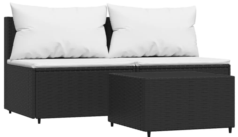 3 részes fekete polyrattan kerti ülőgarnitúra párnákkal