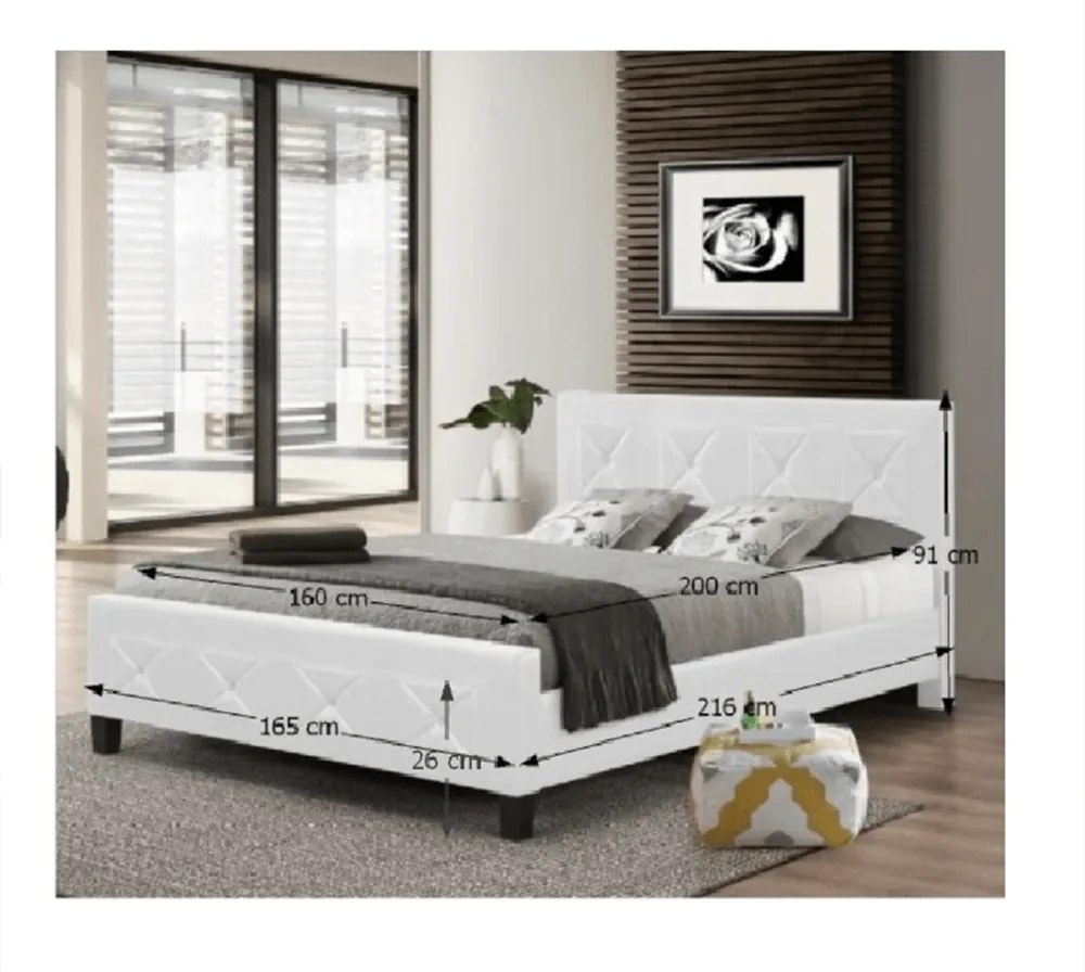 Dupla ágy ágyráccsal, textilbőr fehér, 160x200, CARISA