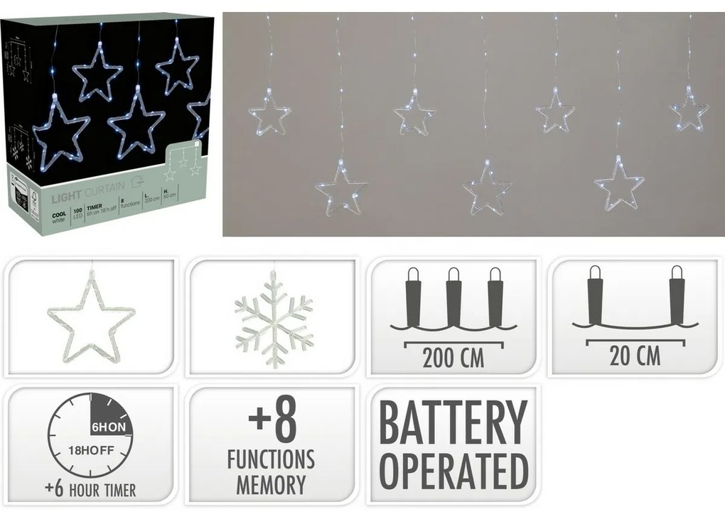 Kültéri fényfüggöny Stars, 200x60cm, LED, hidegfehér, időzítő, 8 funkció, elemes, 200 cm