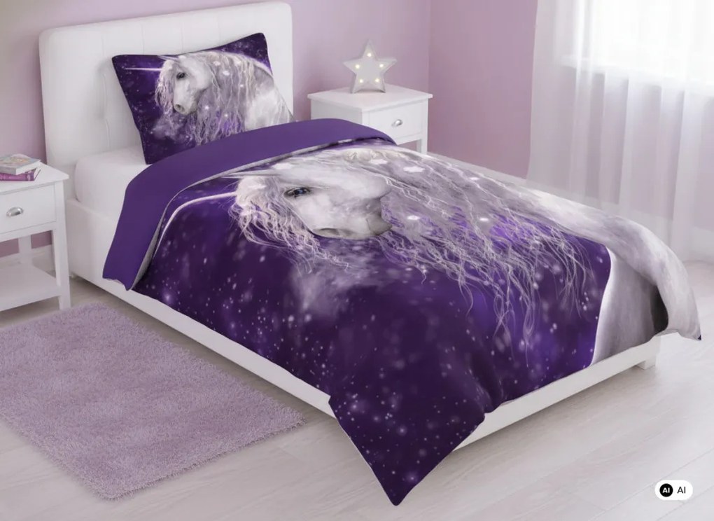 Unikornis gyerek, ovis ágyneműhuzat és polár takaró szett (Purple)