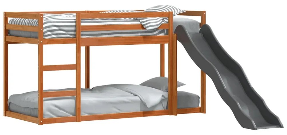 barna tömör fenyő emeletes ágy csúszdával és létrával 90x200 cm